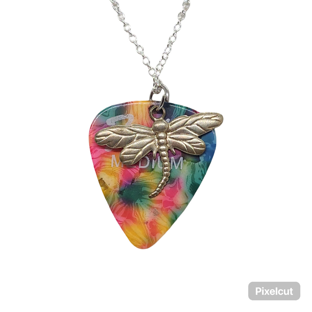 Dragonfly Charm Fender Guitar Pick Pendant Necklace Multicolor Boho Musician